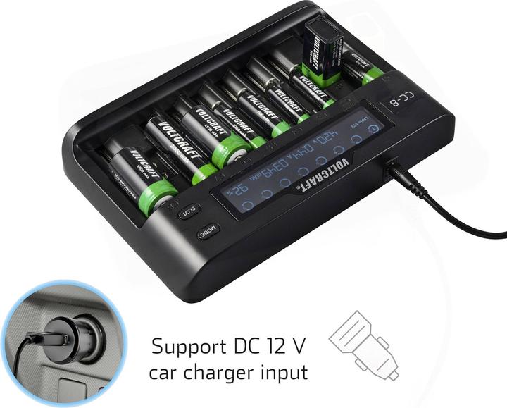 Productafbeelding Voltcraft VC-10882815 (1 Pcs., 10340, 14500, 16340, 17500, 17650, 18490, 18500, 18650, 21700, 22650, 26500, 26650, A, Sub-C, AAA, AA, 9V Block, Lader zonder batterij)