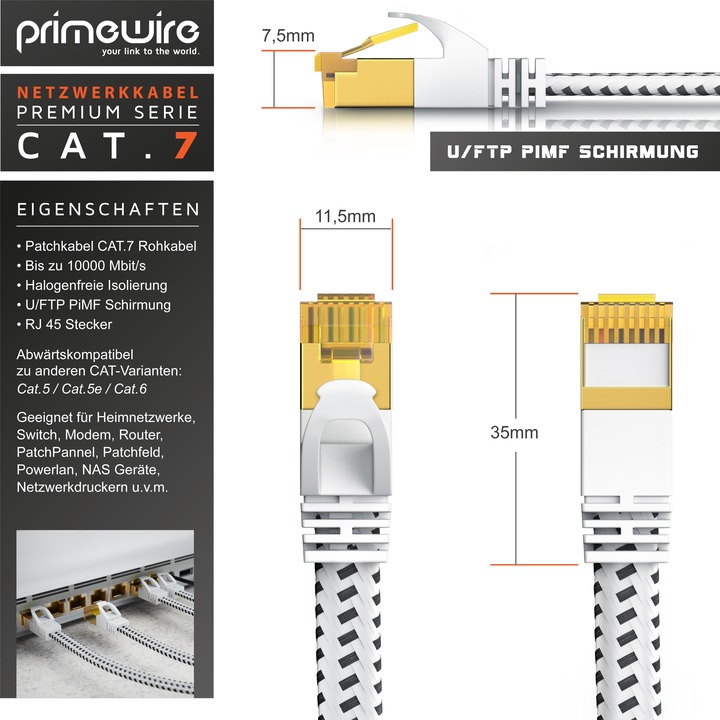 Produktbild Primewire CAT 7 Netzwerkkabel Flach Baumwollmantel - LAN Patchkabel Datenkabel - Flachbandkabel - Verlegekabel (U/FTP, CAT7, 0.50 m)