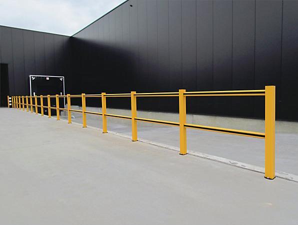 Actual product image kaiserkraft FLEX IMPACT handrail system, yellow posts - yellow/black struts, width 1250 mm.