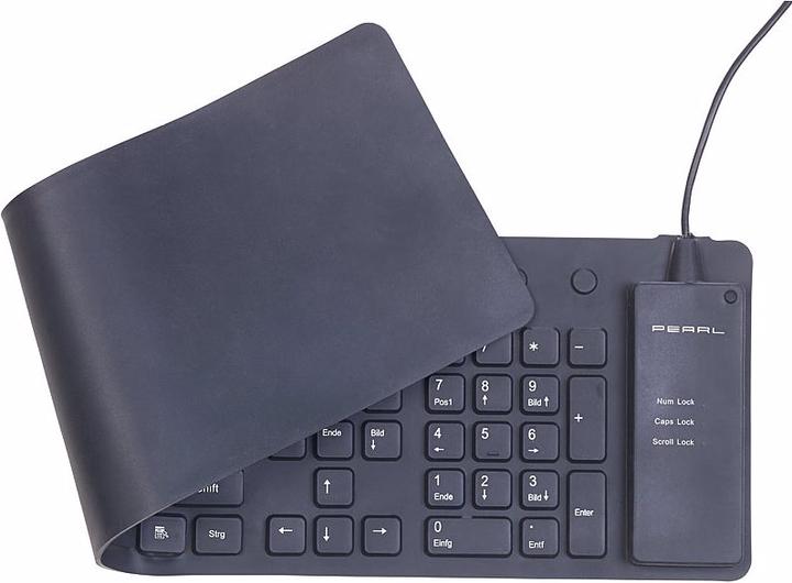 Produktbild GeneralKeys Wasserdichte Silikon-USB-Tastatur mit Ziffernblock, zusammenrollbar (DE, Kabelgebunden)