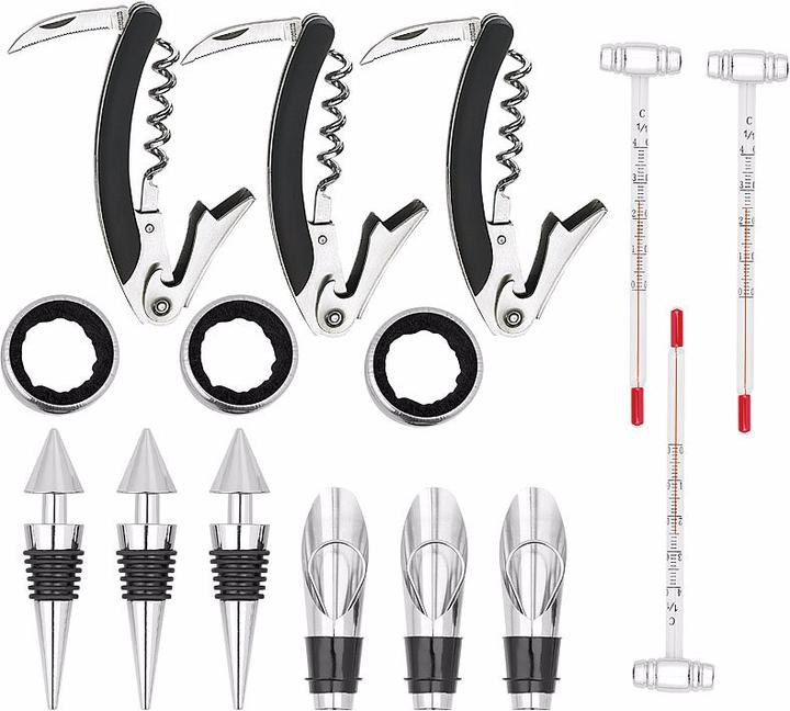 Immagine prodotto Carlo Milano 3x 5-piece sommelier set in nobile confezione regalo per 1 bottiglia di vino (Chiusura per il vino, Termometro per vino, Versatore di vino)