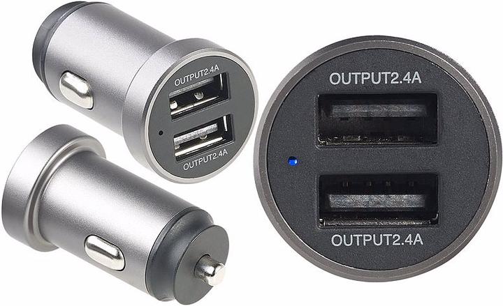 Produktbild Revolt Mini-Kfz-USB-Ladegerät mit 2 Ports, 12 & 24 V, 4,8 A, 24 Watt, Metall