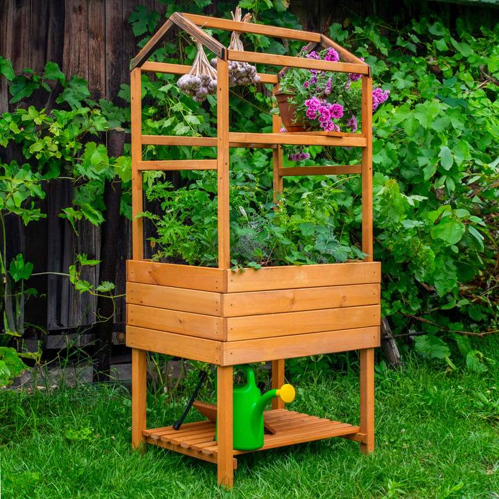 Image du produit Dobar Hochbeet Kubus 2.0 mit Ablage und Pflanzfolie, Hellbraun