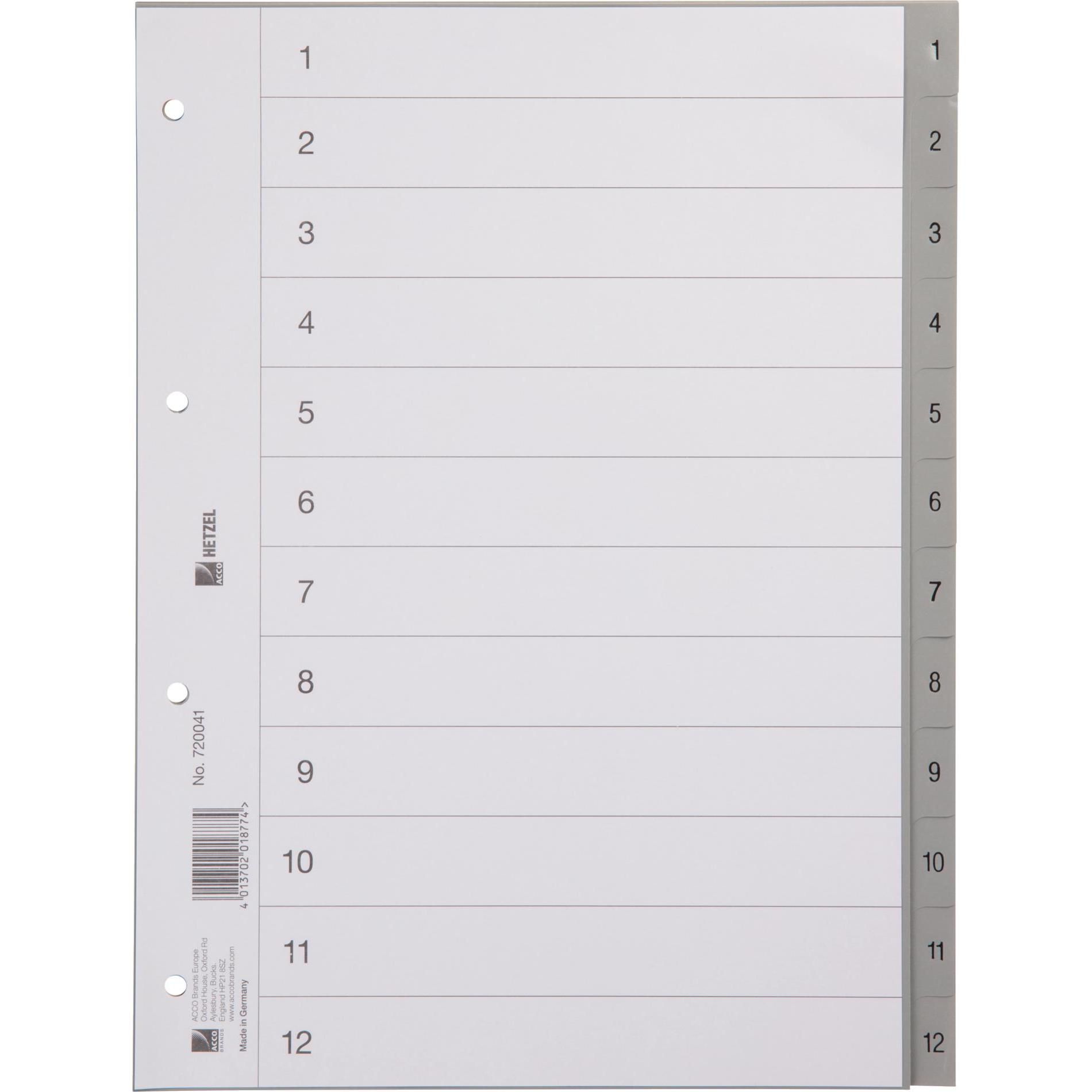 Hetzel, Ordner Zubehör, Plastikregister 1-12