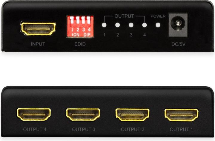 Actual product image LogiLink HD0038 HDMI Splitter 1x4-Port, 4K/60 Hz, HDCP, EDID, HDR, CEC, downscaler