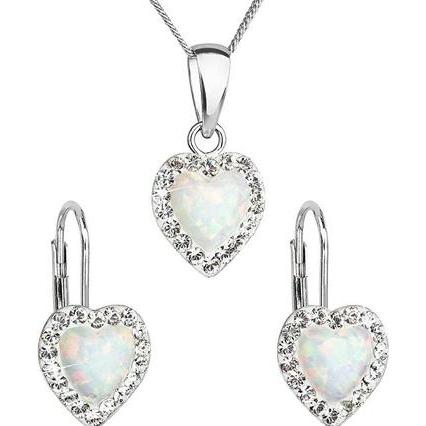 Evolution Group, Schmuck Set, Heart Jewelry Set with Preciosa Crystals 39161.1 & White Synthetic Opal (Earrings, Chain, Pendant)