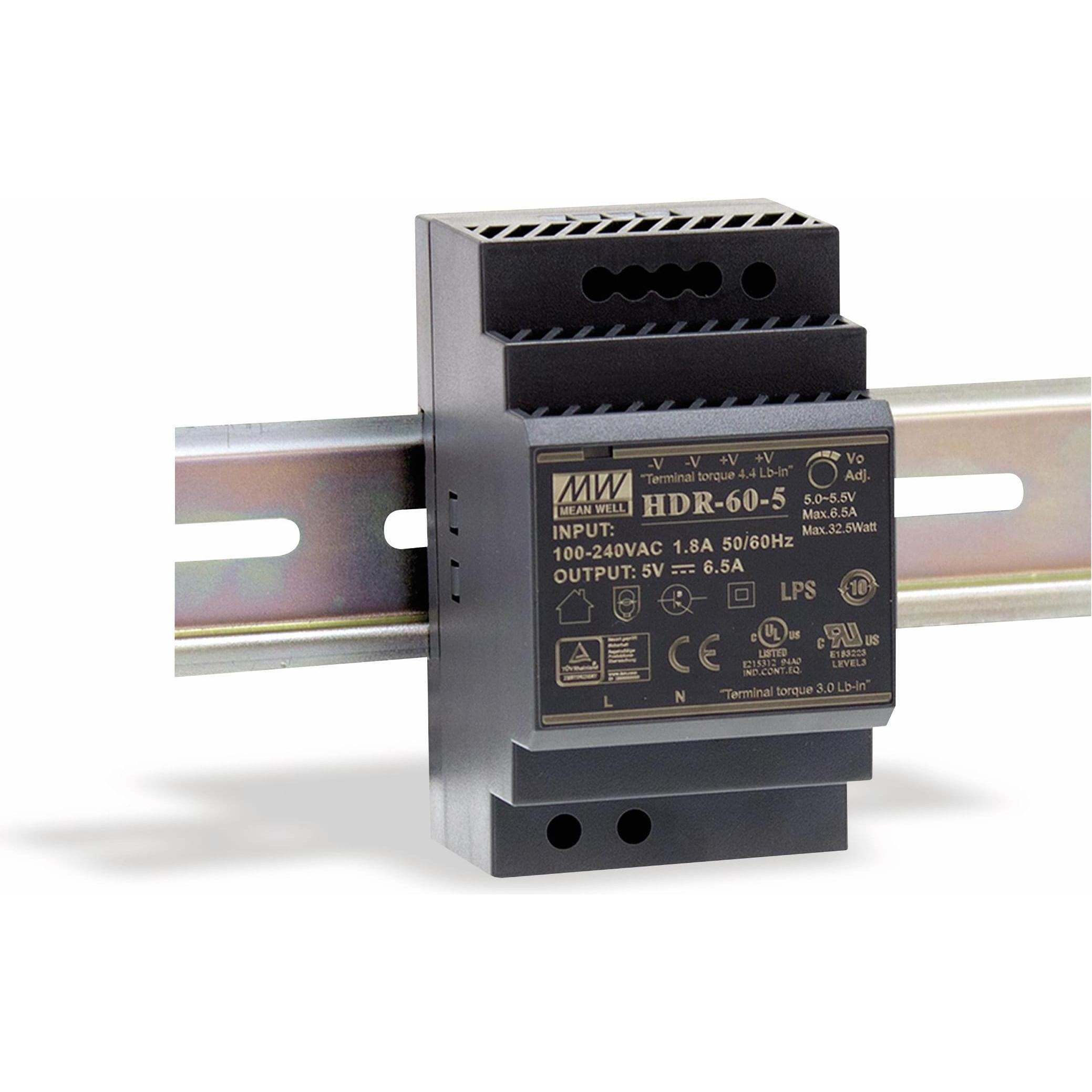 MeanWell, Systemstromversorgung, MEAN WELL Hutschienen-Schaltnetzteil HDR-60-5, 5 V-/6,5 A