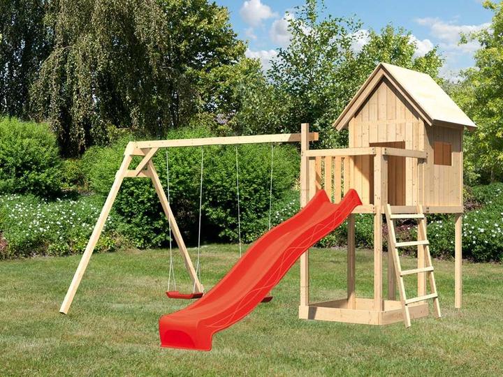 Actual product image Akubi Karibu stilt house "Benjamin" SET made of Nordic spruce, terra grey with purple slide, sandpit