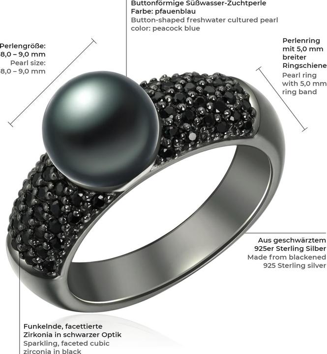 Image du produit Valero Pearls Femme Argent Sterling Zirconium Perle d'eau douce de culture noire - 2198 (64, Argent 925)