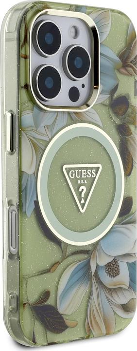 Produktbild Guess - IML Metal Glitter Flowers Triangle MagSafe (GUHMP16XHFLPEDN) - iPhone 16 Pro Max - Green (Apple iPhone 16 Pro Max)