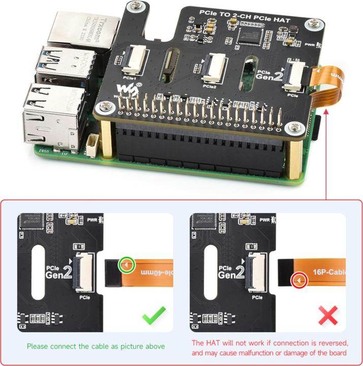 Produktbild WaveShare PCIe auf 2-CH PCIe HAT Adapter für Raspberry Pi 5