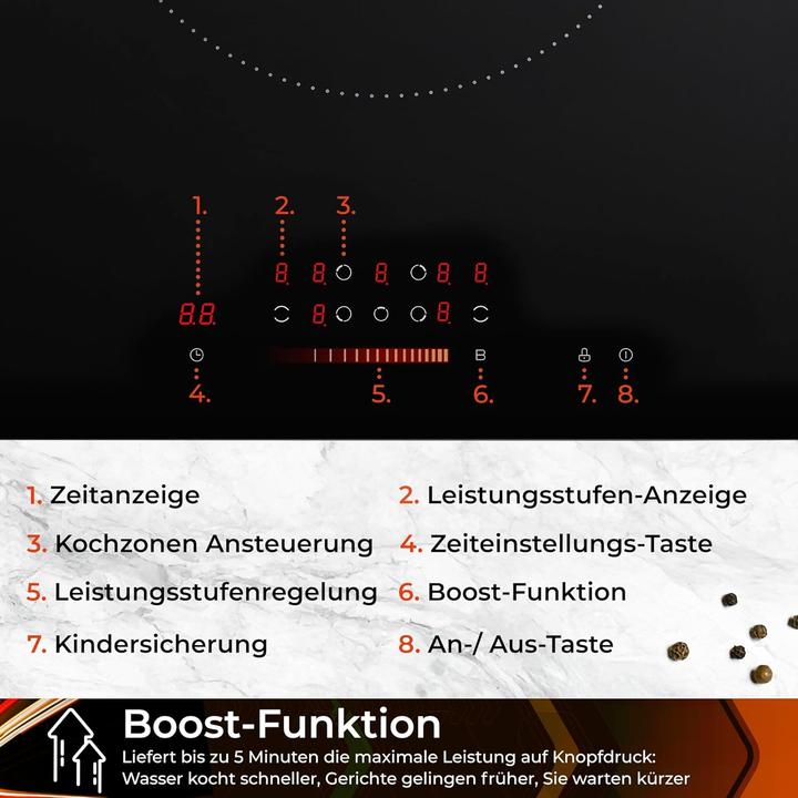 Produktbild KLAMER Induktionskochfeld 90 cm, 4 Zonen mit 2 Flexzonen & Rundzone, 9400 Watt, Boost Funktion,… (9.89 cm, Induktionskochfeld)