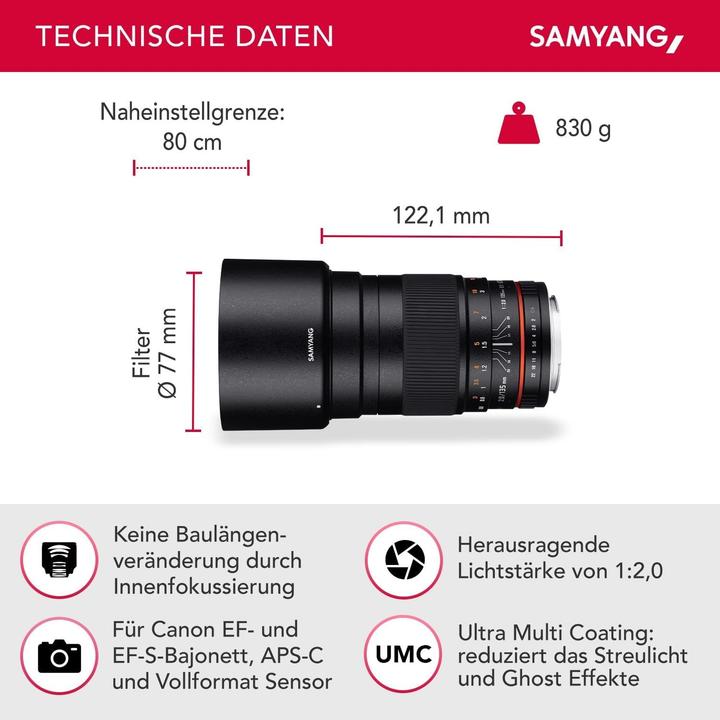 Productafbeelding Samyang 135mm f/2 - f/22 ED UMC - Canon EF (Canon EF, Volledig formaat)