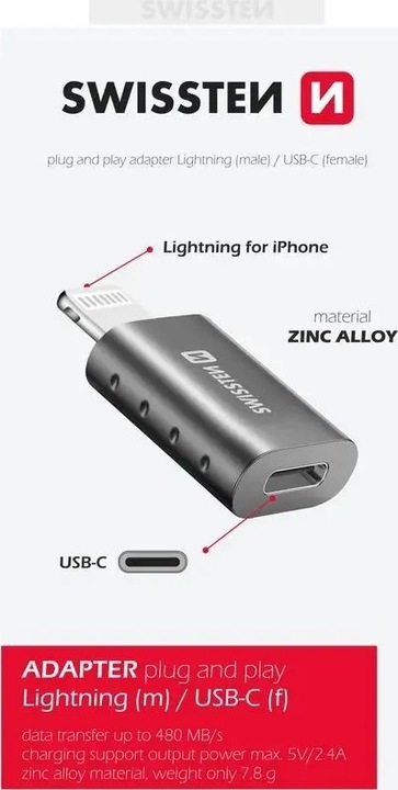 Immagine prodotto Swissten Adattatore Lightning(M)/USB-C(F) (USB tipo C, Lightning)