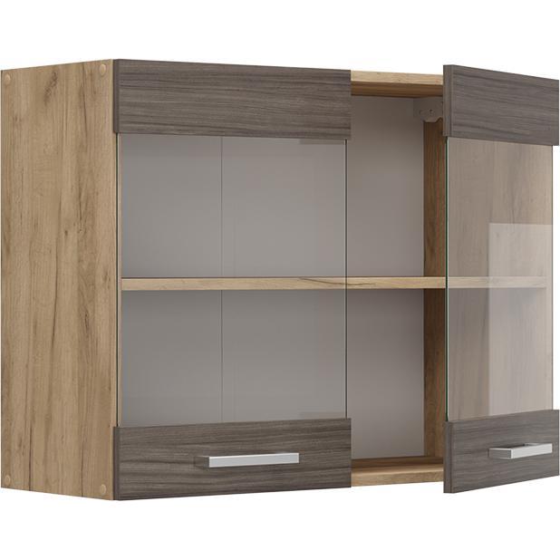 Vicco, Regal, Küchenglashängeschrank R-Line, Edelgrau/Goldkraft Eiche, 80 cm (80 x 60 x 31 cm)