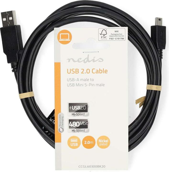 Actual product image Nedis USB cable | USB 2.0 | USB-A male | USB Mini-B 5 pin male | 480 Mbps | Nickel-plated | 3.00 (3 m, USB 2.0)