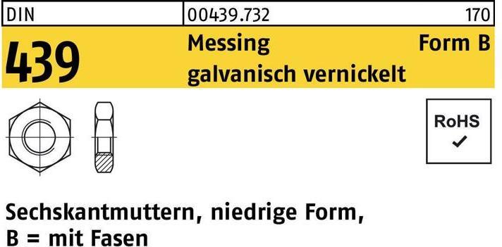 Produktbild Sechskantmutter DIN 439 Form B BM 5 Messing galvanisch vernickelt (M5)