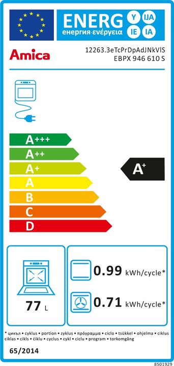 Energy Label Amica Oven without hob EBPX 946 610 S Usable volume 77 l