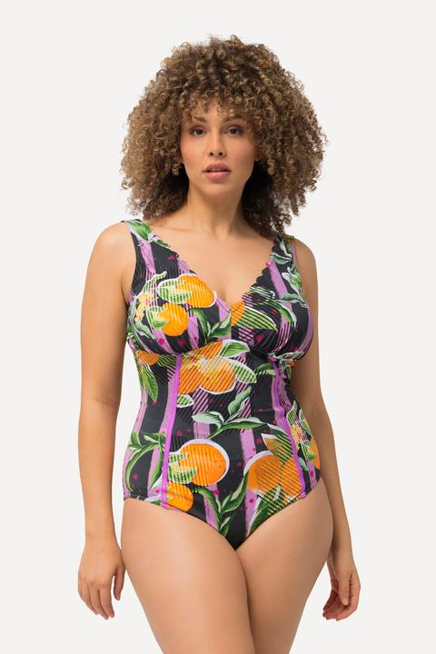 Image du produit Ulla Popken Maillot de bain avec bonnets souples, imprimé oranges et passepoils fluo (50)