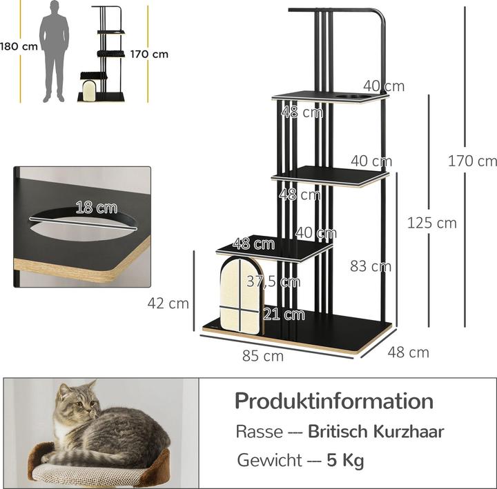 Produktbild PawHut Kratzbaum mit Kissen und 4 Ebenen (170 cm, Schwarz)