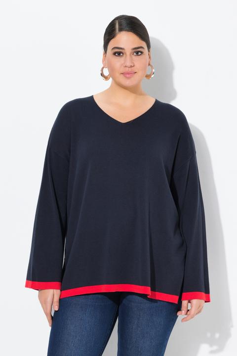 Produktbild Ulla Popken Pullover, farbige Bündchen, V-Ausschnitt, Langarm (50, 52)