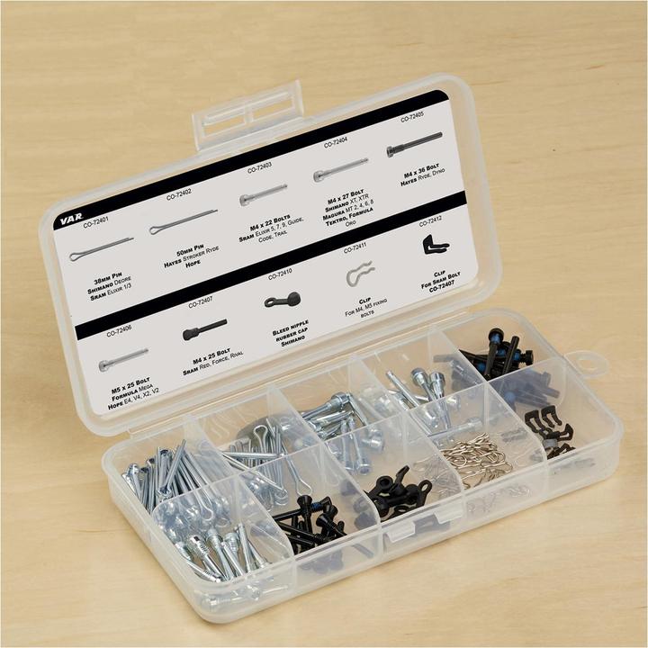 Produktbild VAR Scheibenbremssicherungs-Set Bremsbelaghalterungen Sortierbox (Hayes, Shimano, Tektro, Avid, SRAM)