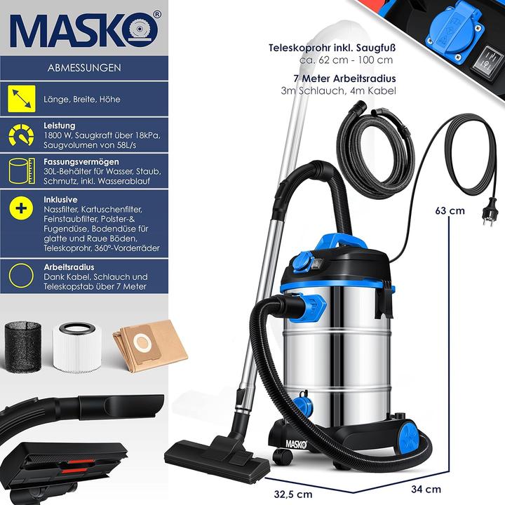 Immagine prodotto Masko Aspirapolvere industriale 1800Watt in blu (Aspirapolvere a umido e a secco)