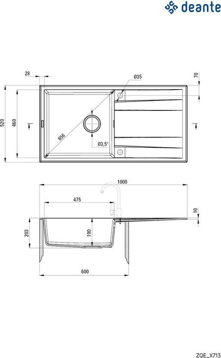 Productafbeelding Deante 1-bowl granieten gootsteen met afdruipvlak (100 cm, 52 cm)