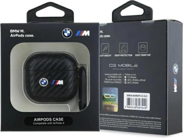 Actual product image BMW Case Carbon Double Metal Logo na AirPods 4 - czarne (Headphone sleeve)