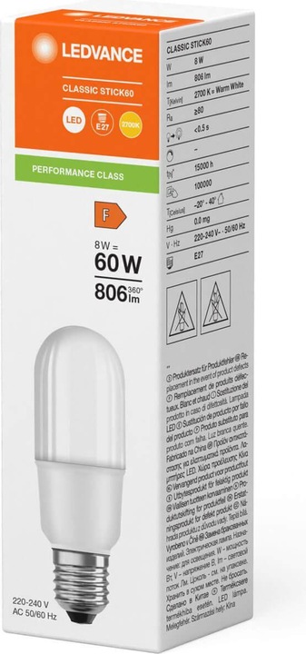 Produktbild Ledvance LED STICK60 8W 827 FR E27 P LEDV (E27, 8 W, 806 lm, 1 x, F)