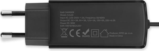 Produktbild Qoltec 52420 90-W-GaN-Superschnellladegerät | 5–20 V | 3–4 5 A | USB-C 3.1 (90 W)