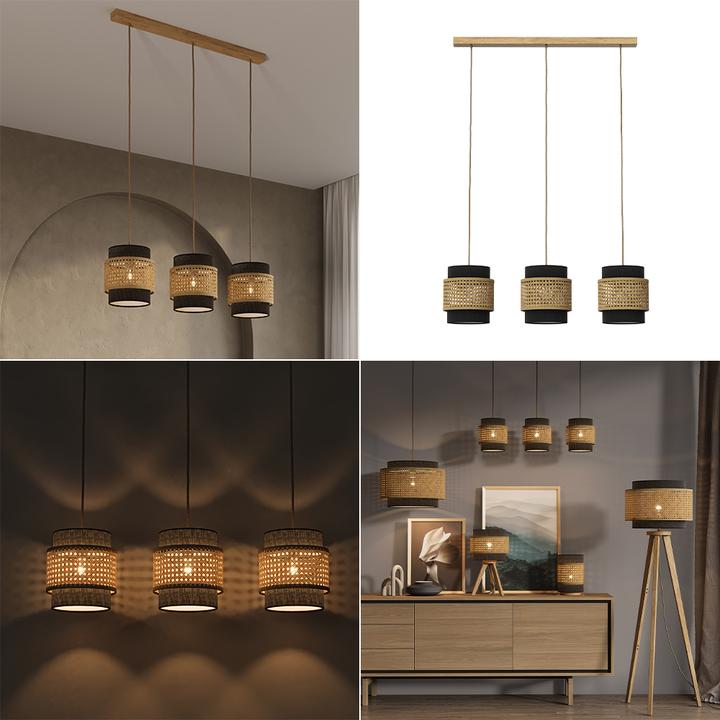Actual product image Vicco 3-piece pendant light Morten, Rattan/black, 70 x 120 cm (E27)
