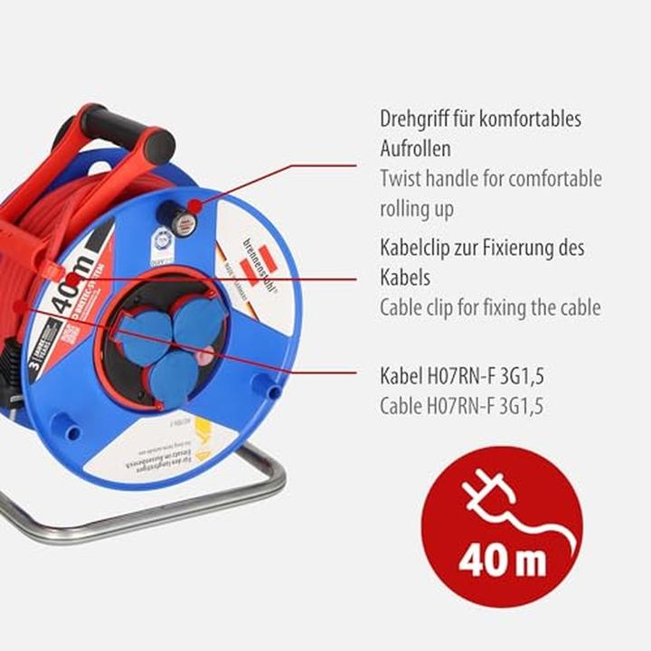 Actual product image Brennenstuhl Schuko IP44 anti twist cable reel 50m (40 m, 1.50 mm²)