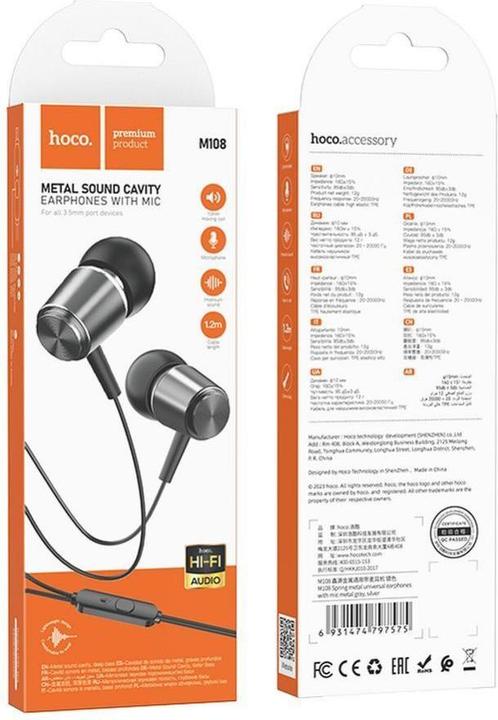 Immagine prodotto Hoco - Wired Earphones (M108) - Jack 3.5mm with Microphone, 1.2m - Metal Gray (Cablato)
