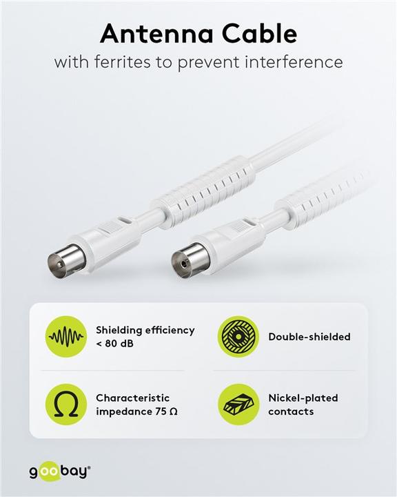 Image du produit Goobay câble de raccordement d'antenne, 100% blindé, ferrite, blanc, 10 m (80 dB, Câble d'antenne)