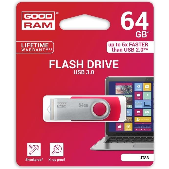 Goodram UTS3 64GB USB 3.0 (3.1 Gen 1) Typ A Rot USB-Stick (64 GB, USB-A, USB 3.0), USB Stick, Rot