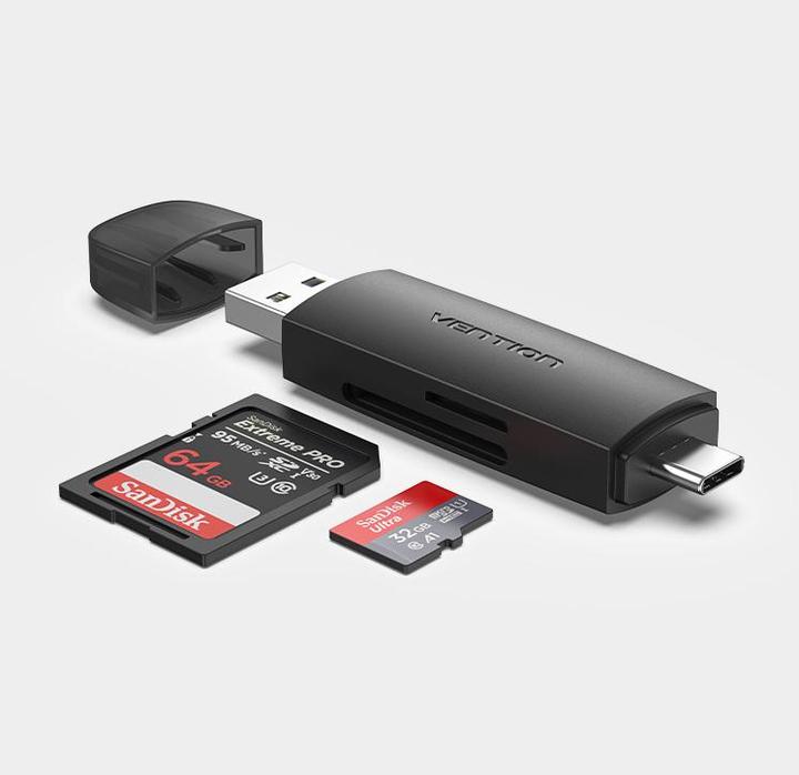 Actual product image Vention 2-in-1 USB 3.0 A+C Card Reader(SD+TF) Black Dual Drive Letter (Type-B)