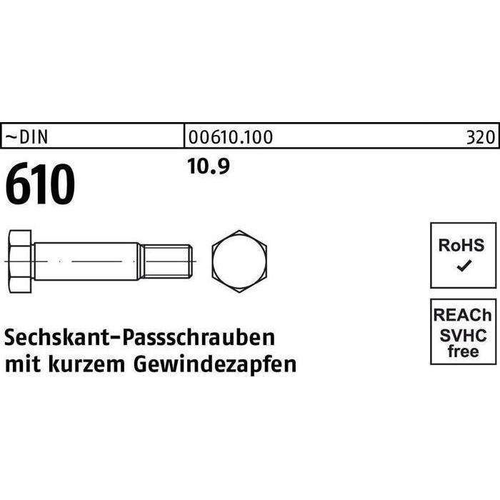 Reyher, Schrauben, Sechskantpassschraube DIN 610 m.kurzem Gewindezapfen M 16 x 55 10.9 (10 Schrauben pro Stück)