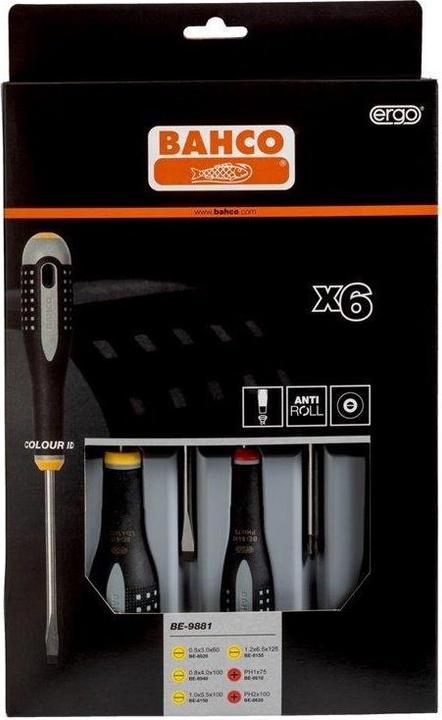 Produktbild Bahco ERGO Schraubendreher-Satz für Schlitz- und Phillips-Schrauben mit Gummigriff - 6-teilig (Phillipps-Kreuzschlitz (PH), Schlitzschrauben)