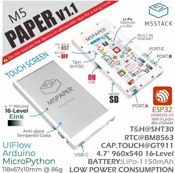 Productafbeelding M5Stack Ontwikkelaarsbord M5Paper ESP32 4,7 eInk Display
