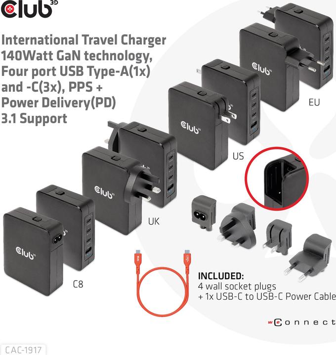Produktbild Club 3D Club3D Reiseladegerät 3xUSB Typ C, 1xUSB Typ A, PD 140W retail (140 W, 4 Ports)