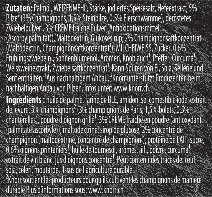 Valeurs nutritives et ingrédients Knorr Suprême Soupe de champignons des bois sachet avec champignons, cèpes, chanterelles & crème fraîche