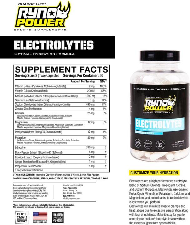 Nährwerte und Zutaten Ryno Power Electrolytes Capsules (100 Stück, Kapseln)