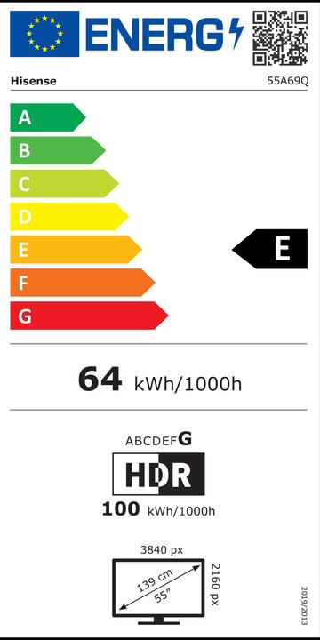 Energy Label Hisense TV 55 A69Q 4K UHD SMART VIDAA U9 (55A69Q) (55", LCD, LED, UHD)