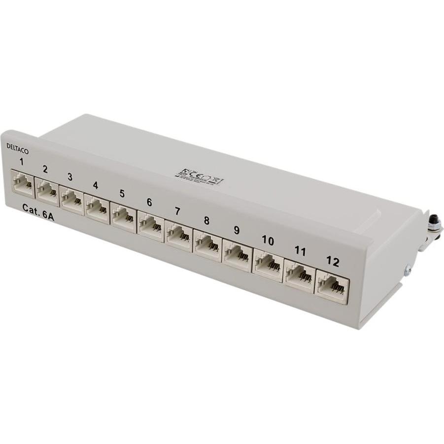 Deltaco Patch Panel 12xRJ45 Cat6a wall-mountable metal gray, Server Zubehör, Grau