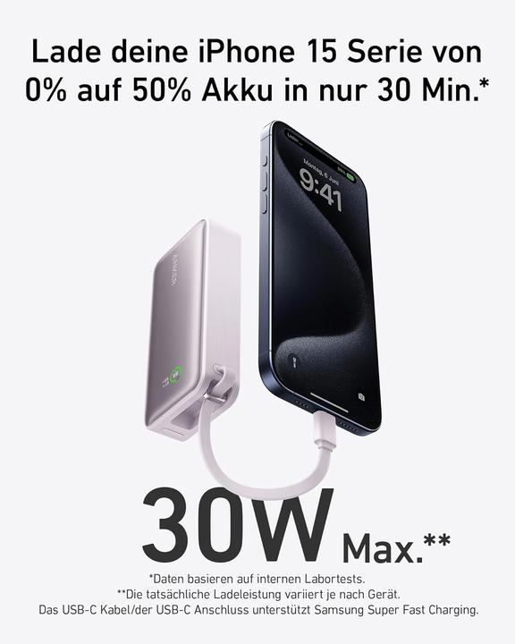 Immagine prodotto Anker Anker-Nano powerbank-10.000 mAh powerbank roze met ingebouwde USB-C-kabel -PD 30 W (10000 mAh, 30 W)