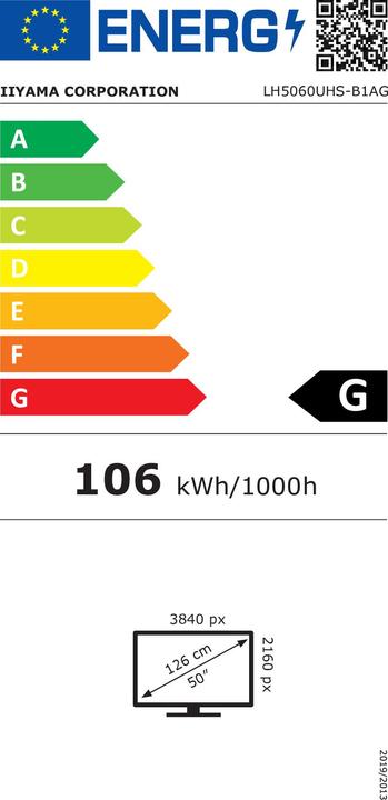 Energy Label iiyama 50IN IPS PANEL 4K UHD 3840X2160 8MS 24/7 500CD/M2 1200:1 3XHDM (3840 x 2160 Pixels, 49.50")