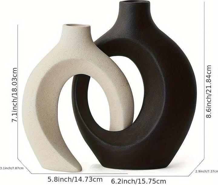 Actual product image Alopini 2er Set Moderne Keramikvasen - Abstraktes Kreuz Design, Boho Chic Donut Blumenvase für