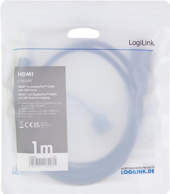 Actual product image LogiLink CH0090 HDMI cable A/M + USB-A/M to DP/M, UHD 4K/30 Hz, bw, 1 m (1 m, HDMI, 1.2)