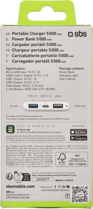 Energielabel SBS Pocket Power Bank 5000 mAh (5000 mAh, 18.50 Wh)
